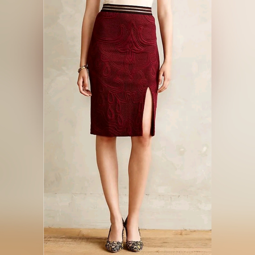 Maeve Anthro Red Wine Jacquard Metallic Stripe Pencil Skirt Small Elegant Chic